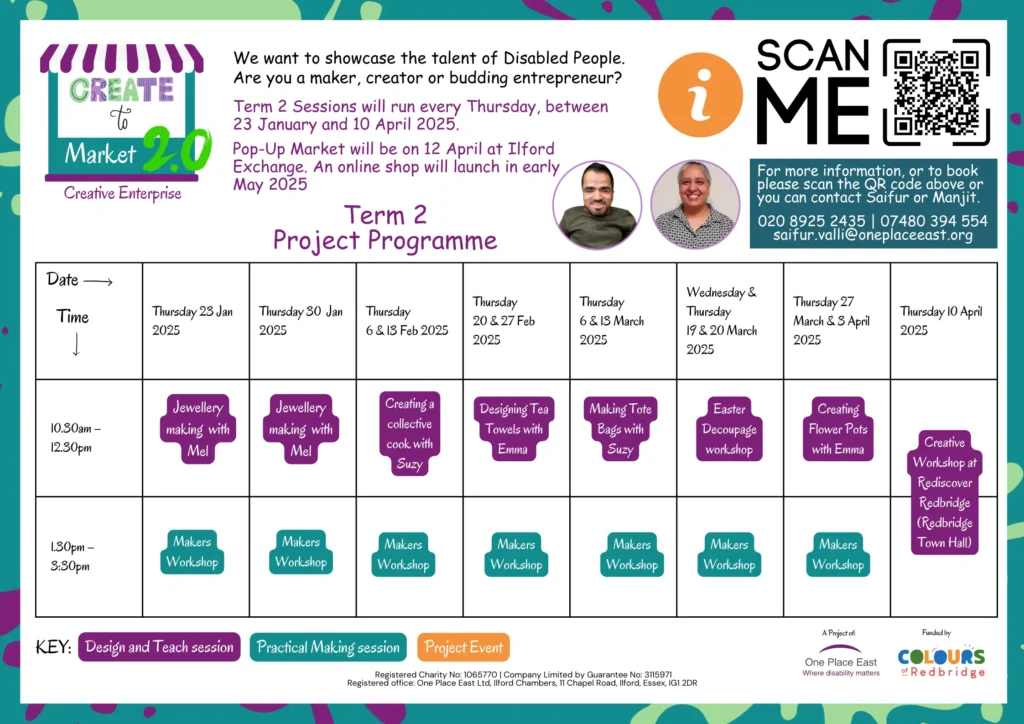 Create to Market Term 2 programme showing date and times