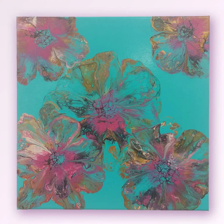 Pink and Teal Flowers Small Canvas Painting by Sue