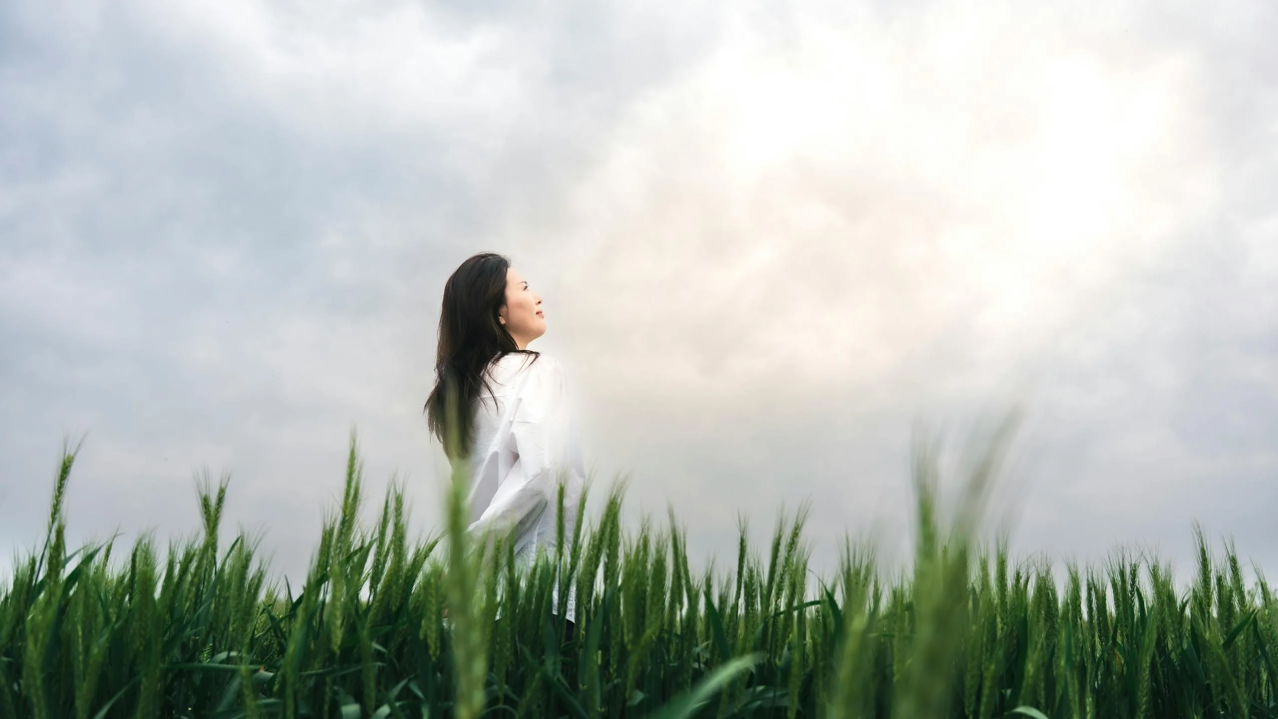 A serene scene of a woman enjoying nature in a lush green wheat field under a cloudy sky.